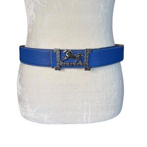 Ovation Riding blue leather adjustable belt with silver horse buckle 40" Length